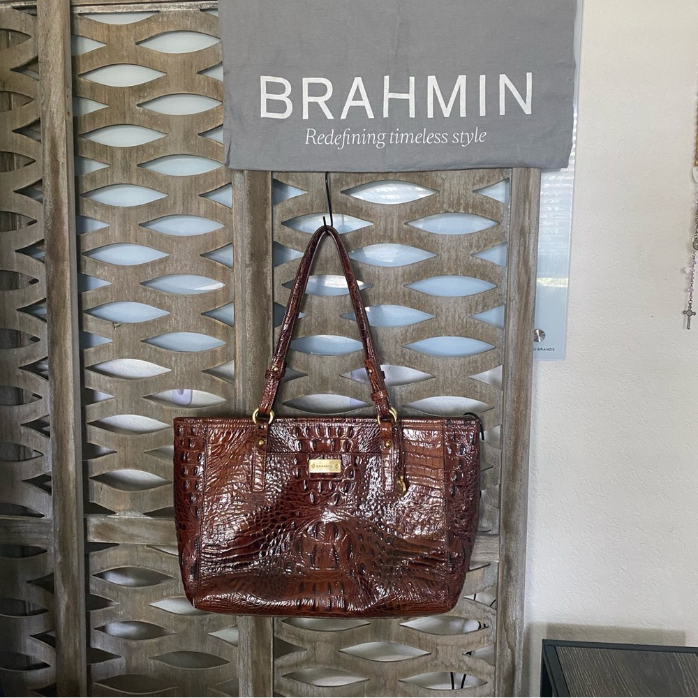 Brahmin Brown Crocodile-Embossed Tote Bag